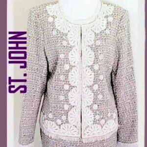 St. John Size 8 Embellished Bouclé Tweed Metallic Knit Skirt Suit